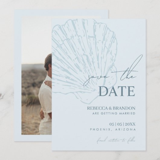 Save The Date Coastal Blue Shell Hand Drawn Seashell Wedding (Devant / Derrière)