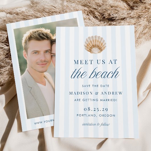 Save The Date Coastal Blue Stripes Shell Beach Photo Wedding