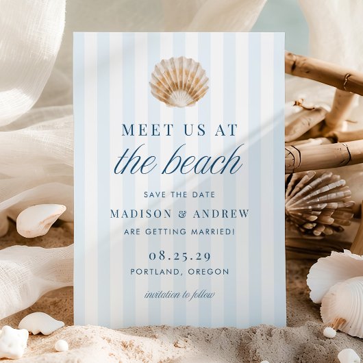 Save The Date Coastal Blue Stripes Shell Beach Wedding