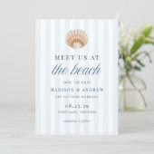 Save The Date Coastal Blue Stripes Shell Beach Wedding (Debout devant)