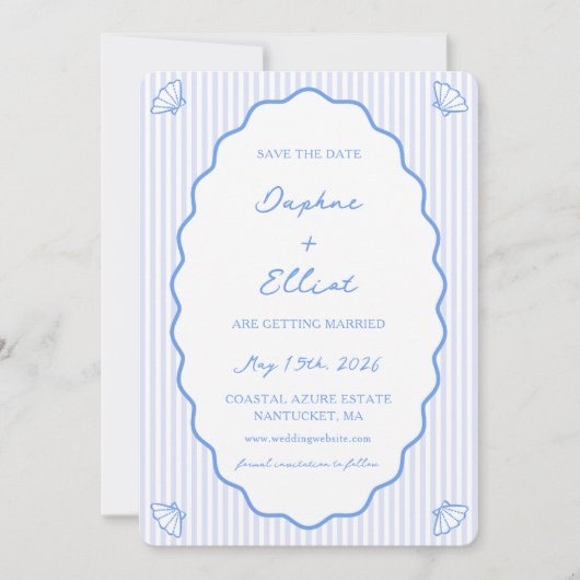 Save The Date Coastal Chic Bleu & Blanc Striped Wavy Mariage (Devant)