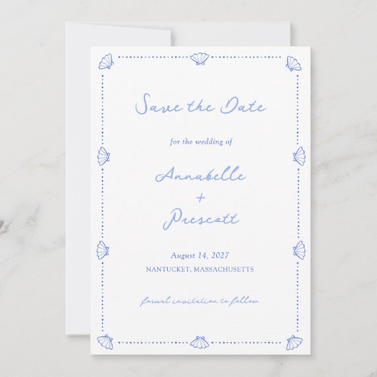 Save The Date Coastal Chic Blue Shell Ocean Beach Mariage photo (Devant)