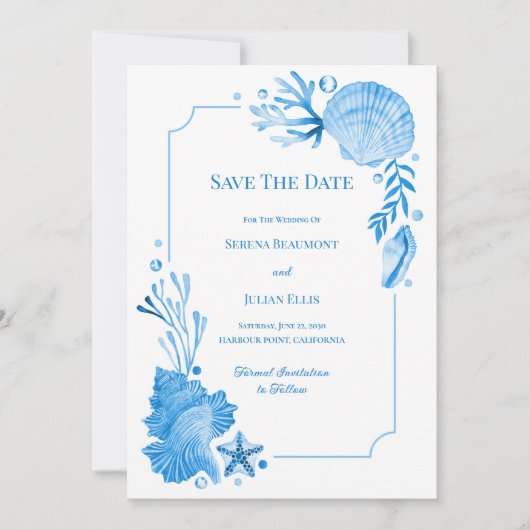 Save The Date Coastal Chic Seaside Blue Seashells & Starfish (Devant)