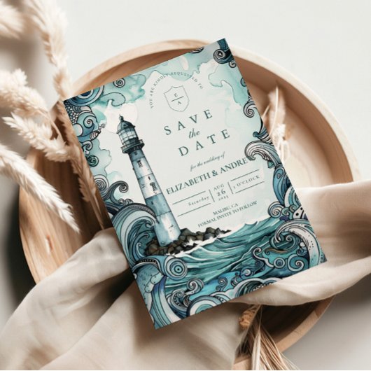 Save The Date Coastal Lighthouse Wave Wedding
