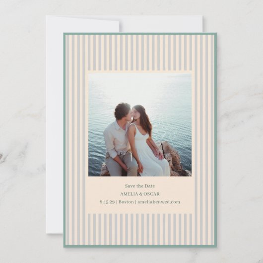 Save The Date Coastal Sage Stripes Photo Stylish Trendy Wedding (Devant)
