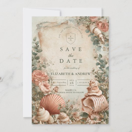 Save The Date Coastal Seashell Botanical Elegance (Devant)