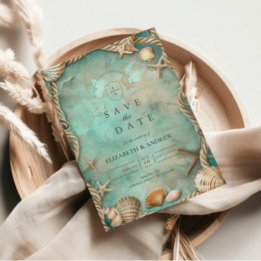 Save The Date Coastal Seashell Botanical Wedding