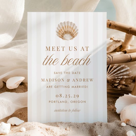 Save The Date Coastal Stripes Shell Beach Wedding