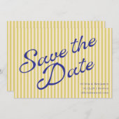 Save The Date Coastal Yellow Blue Retro Stripe Wedding Script (Devant / Derrière)