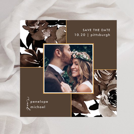 Save The Date Coca Brown Floral Photo Mariage Enregistrer La Dat