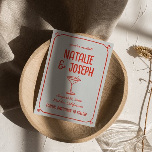 Save The Date Cocktail rouge bleu à main rétro Mariage funky