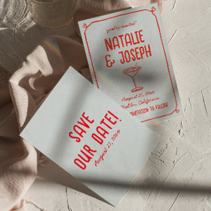 Save The Date Cocktail rouge bleu à main rétro Mariage funky