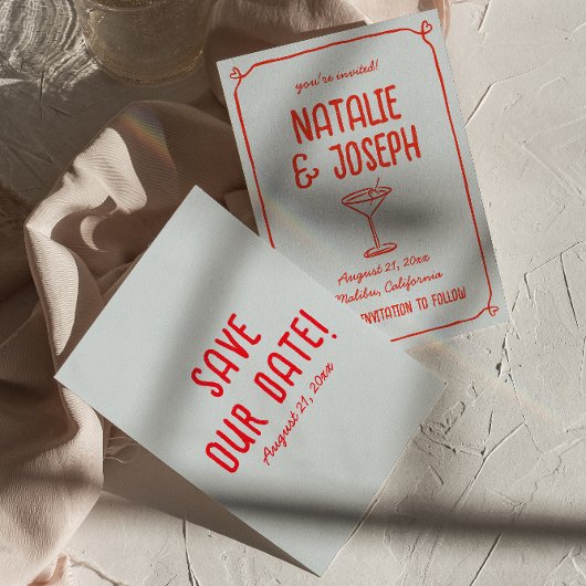 Save The Date Cocktail rouge bleu à main rétro Mariage funky