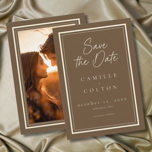 Save The Date Cocoa Brown Minimalist Frame Wedding Photo