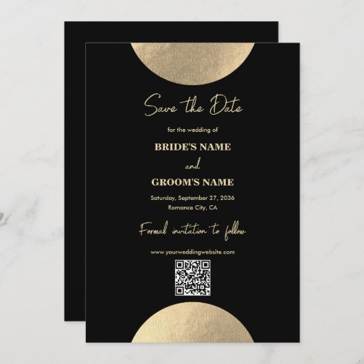Save The Date Code QR Abstrait Black & Gold moderne (Devant / Derrière)