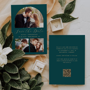 Save The Date Code QR Arch doré Bleu sarcelle Minimal 3-Photos