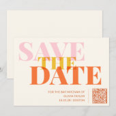 Save The Date Code QR Bat Mitzvah Moderne Rétro Rose et Orange (Devant / Derrière)