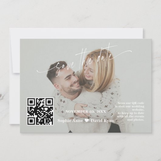 Save The Date Code QR Calligraphie Vert Sauge Photo Mariage (Devant)