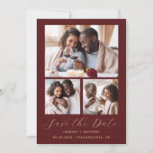 Save The Date Code QR Collage 3 Photos Minimal Burgundy Or (Devant)