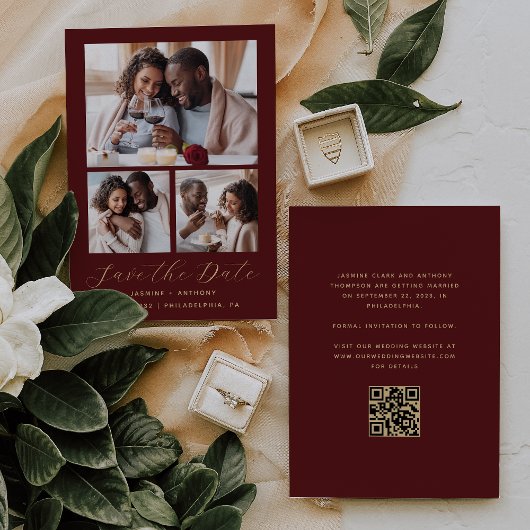 Save The Date Code QR Collage 3 Photos Minimal Burgundy Or