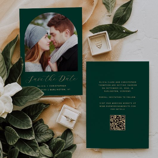 Save The Date Code QR d'arche de photo vert émeraude or script
