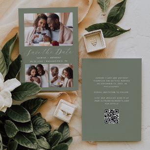 Save The Date Code QR de collage de 3 photos minimaliste Vert sa