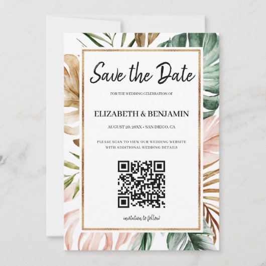 Save The Date Code QR de feuilles tropicales d'été Photo Enregis (Devant)