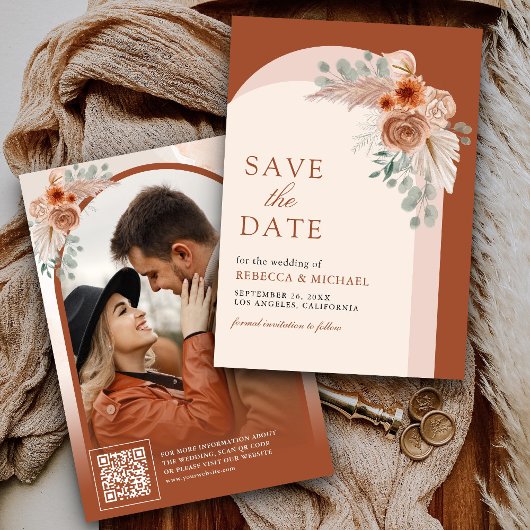 Save The Date Code QR de la photo d'arche de pampas florale boho