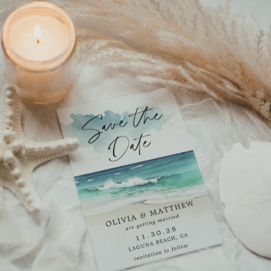 Save The Date Code QR de la plage océanique avec écriture modern