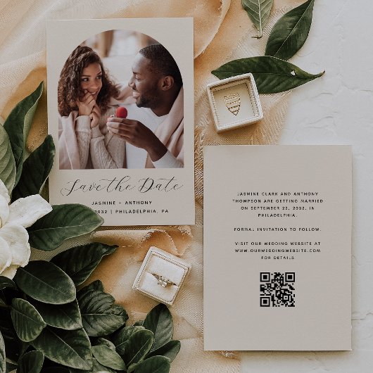 Save The Date Code QR de l'arche de photo minimale Beige
