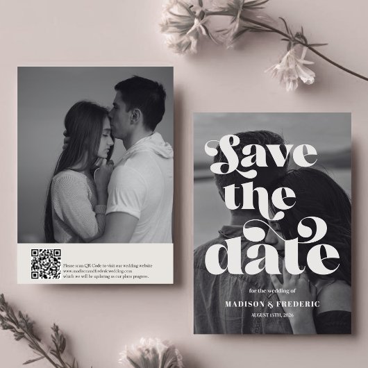 Save The Date Code QR de mariage à l'écriture rétro Noir et Blan