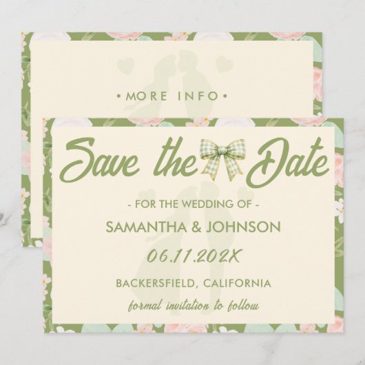 Save The Date Code QR de mariage à nœud gingham vert Wildflower (Devant / Derrière)