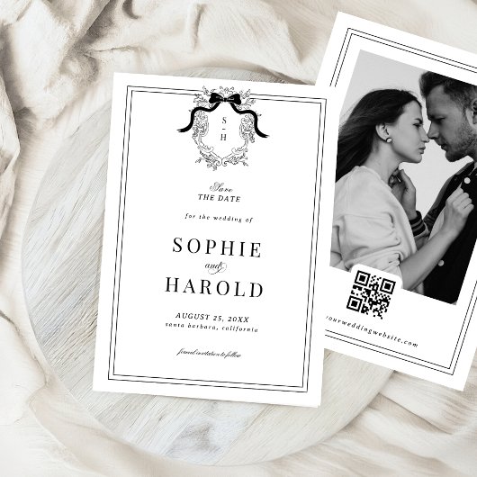 Save The Date Code QR de mariage au monogramme à ruban Coquette 