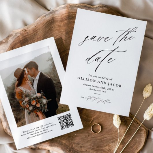 Save The Date Code QR de mariage avec photo et écriture élégante