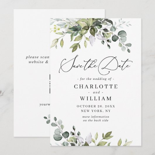 Save The Date Code QR de mariage élégant à l'aquarelle eucalyptu (Devant / Derrière)