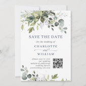 Save The Date Code QR de mariage élégant à l'aquarelle eucalyptu (Devant)
