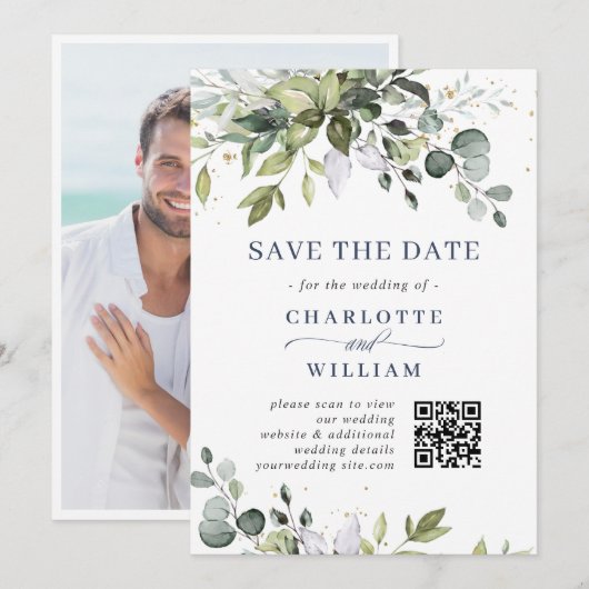 Save The Date Code QR de mariage élégant à l'aquarelle eucalyptu (Devant / Derrière)