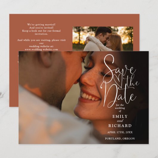 Save The Date Code QR de mariage élégant écriture Terracotta 2 P (Devant / Derrière)