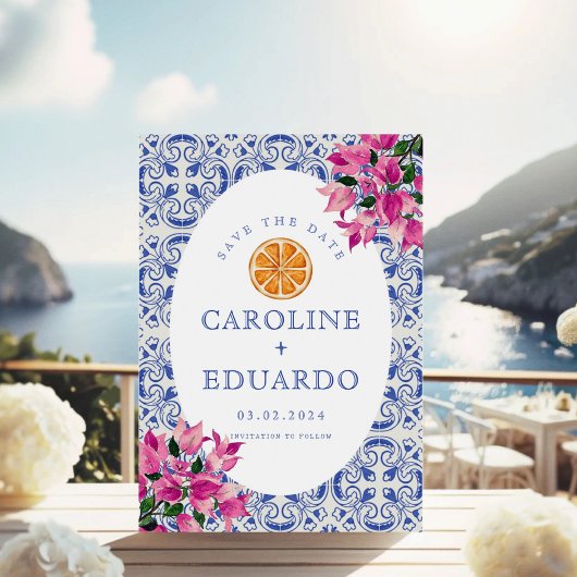 Save The Date Code QR de mariage en carreau bleu de bougainvillé