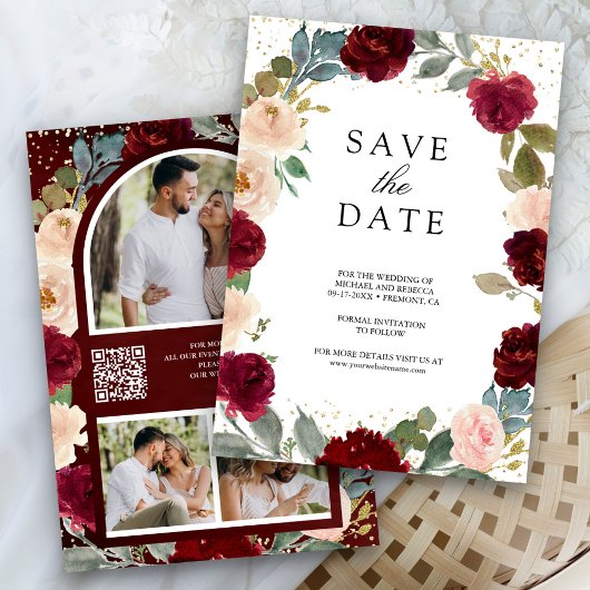 Save The Date Code QR de mariage floral pêche de Bourgogne