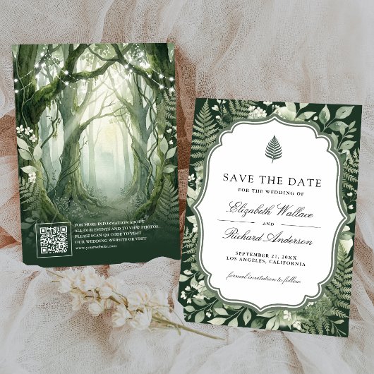 Save The Date Code QR de mariage Forêt Enchantée Aquarelle