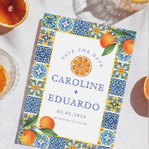 Save The Date Code QR de mariage méditerranéen en carrelage bleu