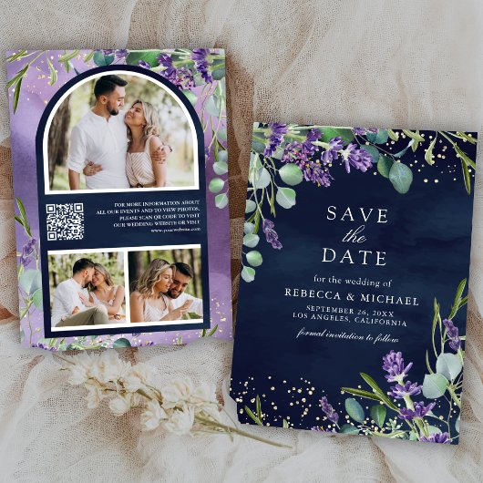 Save The Date Code QR de mariage Navy Lavande Eucalyptus Photo