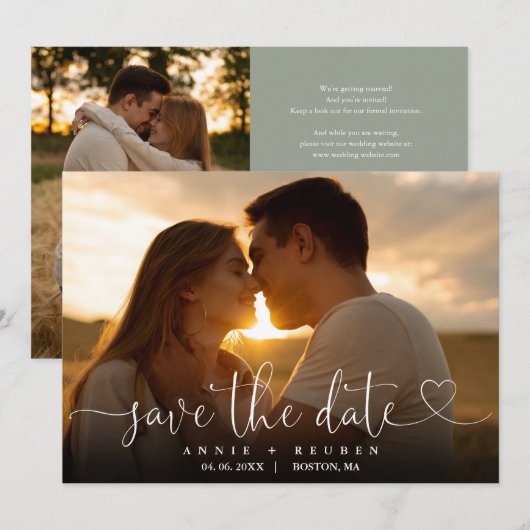 Save The Date Code QR de mariage photo avec écriture cœur vert s (Devant / Derrière)