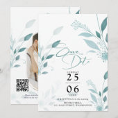Save The Date Code QR de mariage photo Eucalyptus sarcelle Bleu  (Devant / Derrière)