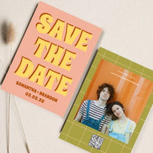 Save The Date Code QR de mariage rétro funky gras & lumineux boh