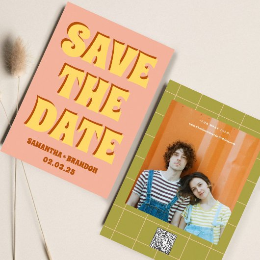 Save The Date Code QR de mariage rétro funky gras & lumineux boh