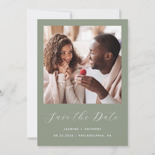 Save The Date Code QR de Minimal One Photo Script Vert Sauge (Devant)