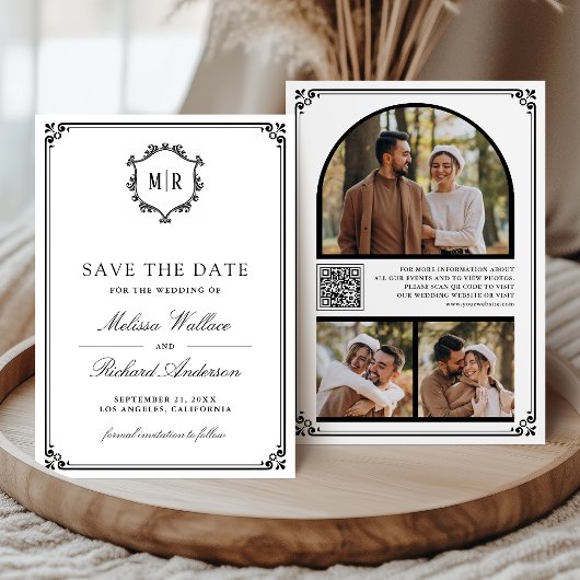 Save The Date Code QR de monogramme Photo Collage Mariage Blanc