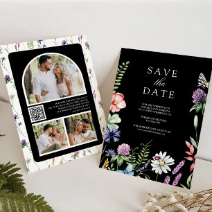 Save The Date Code QR de photo de fleurs sauvages mariage noir
